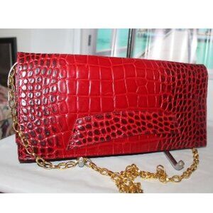 New Sobella Italian Leather Croc Embossed w Handle Chain Strap Clutch Bag Purse